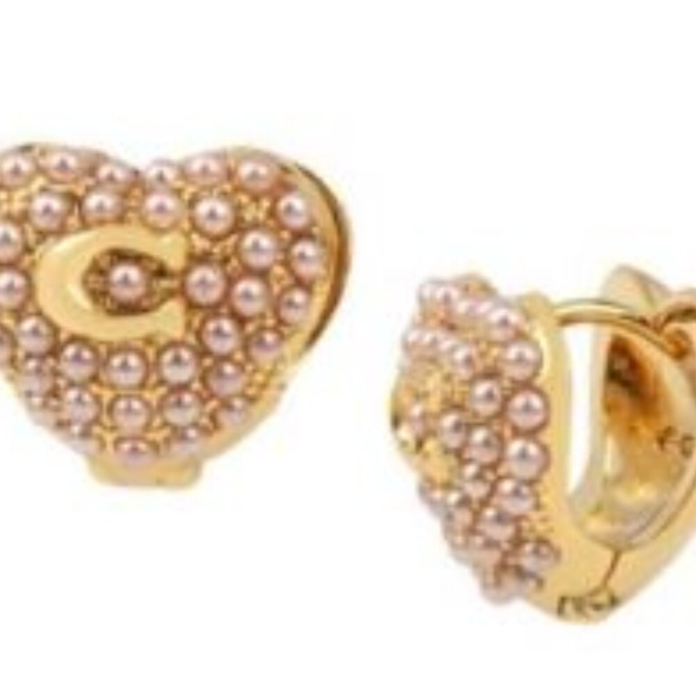 COACH Pearl Puff Heart Huggie Earrings in Gold - Picture 3 of 3